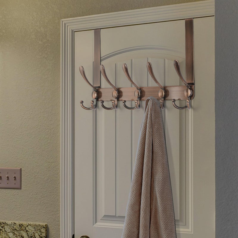 Dseap Over The Door Hook Hanger - Fits 1 3/8" to 1 3/4" Standard Doors | 5 Tri Hooks Heavy Duty Towel/Coat Rack | Door Organizer for Clothes, Jackets, Hats, Towels, Antique Copper - Image 3